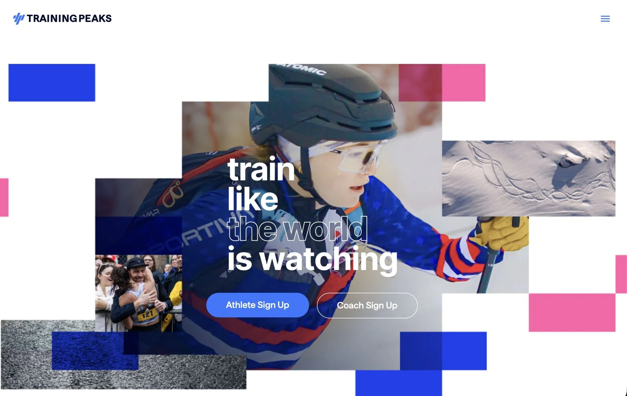 A website homepage for Training Peaks features an athlete in winter sports gear, holding ski poles in a snowy landscape with mountains in the background. The page includes the headline 'train like the world is watching' and buttons for athlete and coach sign-up.