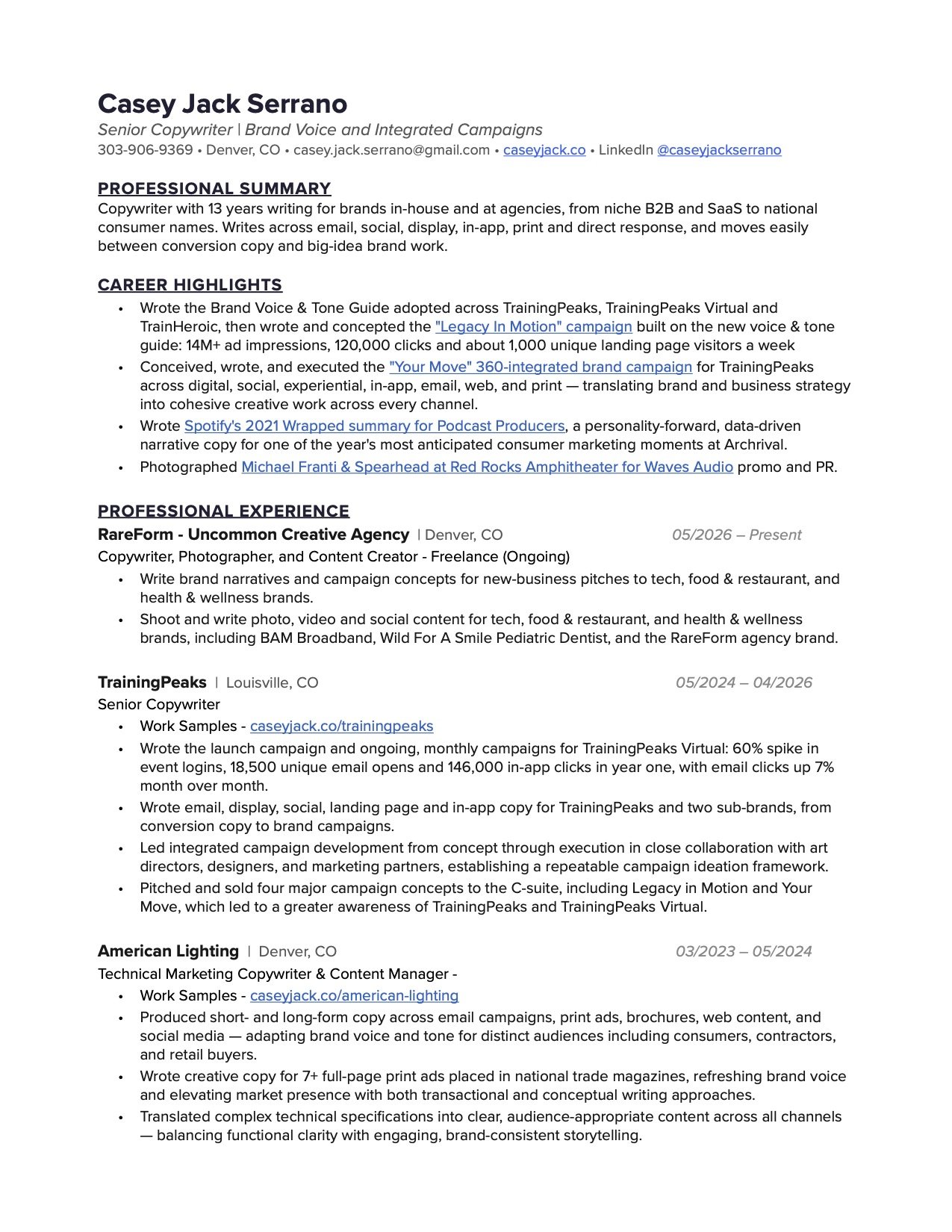 A professional resume of Casey Jack Serrano, displaying contact information, a summary, career highlights, and work experience as a copywriter and content creator.
