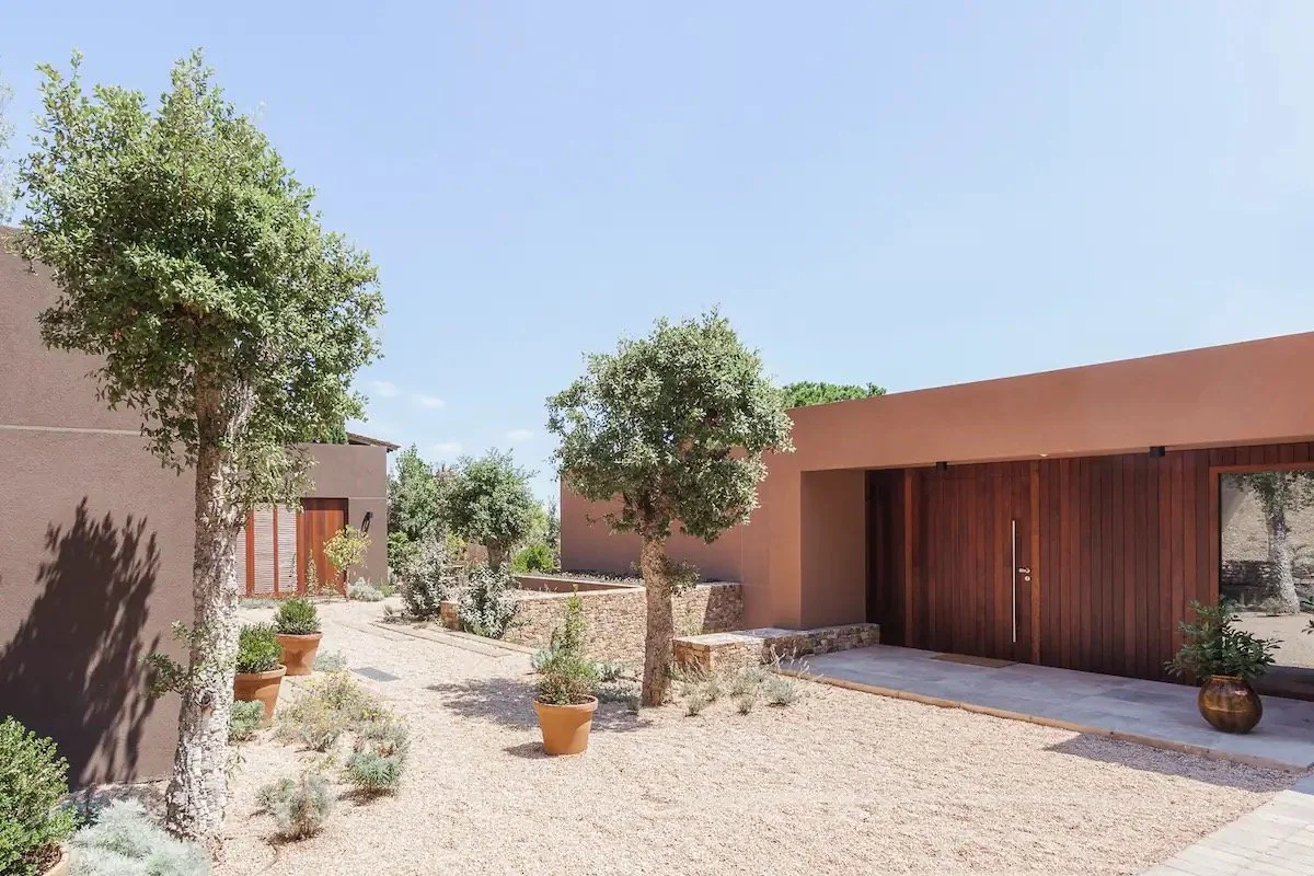 Courtyard avec des arbres, des pots de fleurs en terre cuite, et une maison moderne en adobe avec une porte en bois verticale.