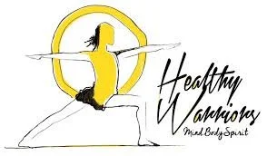 Illustration d'une personne en posture de yoga avec le texte "Healthy Warriors, Mind Body Spirit".