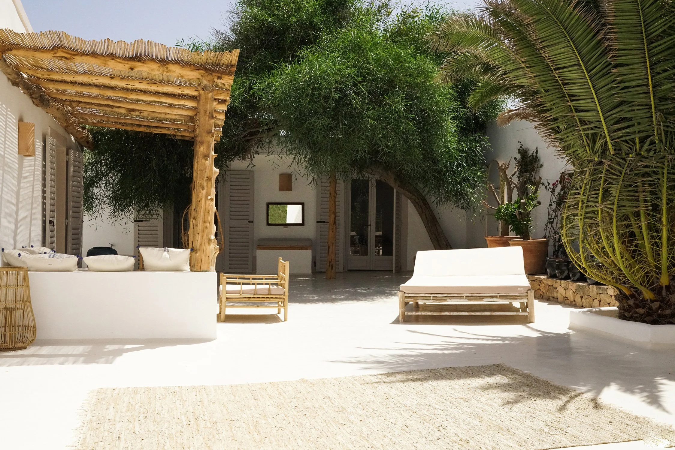 Cour intérieure dans un style méditerranéen, avec mobilier en bois clair, chaises, et un grand arbre verdoyant entouré de plantes
