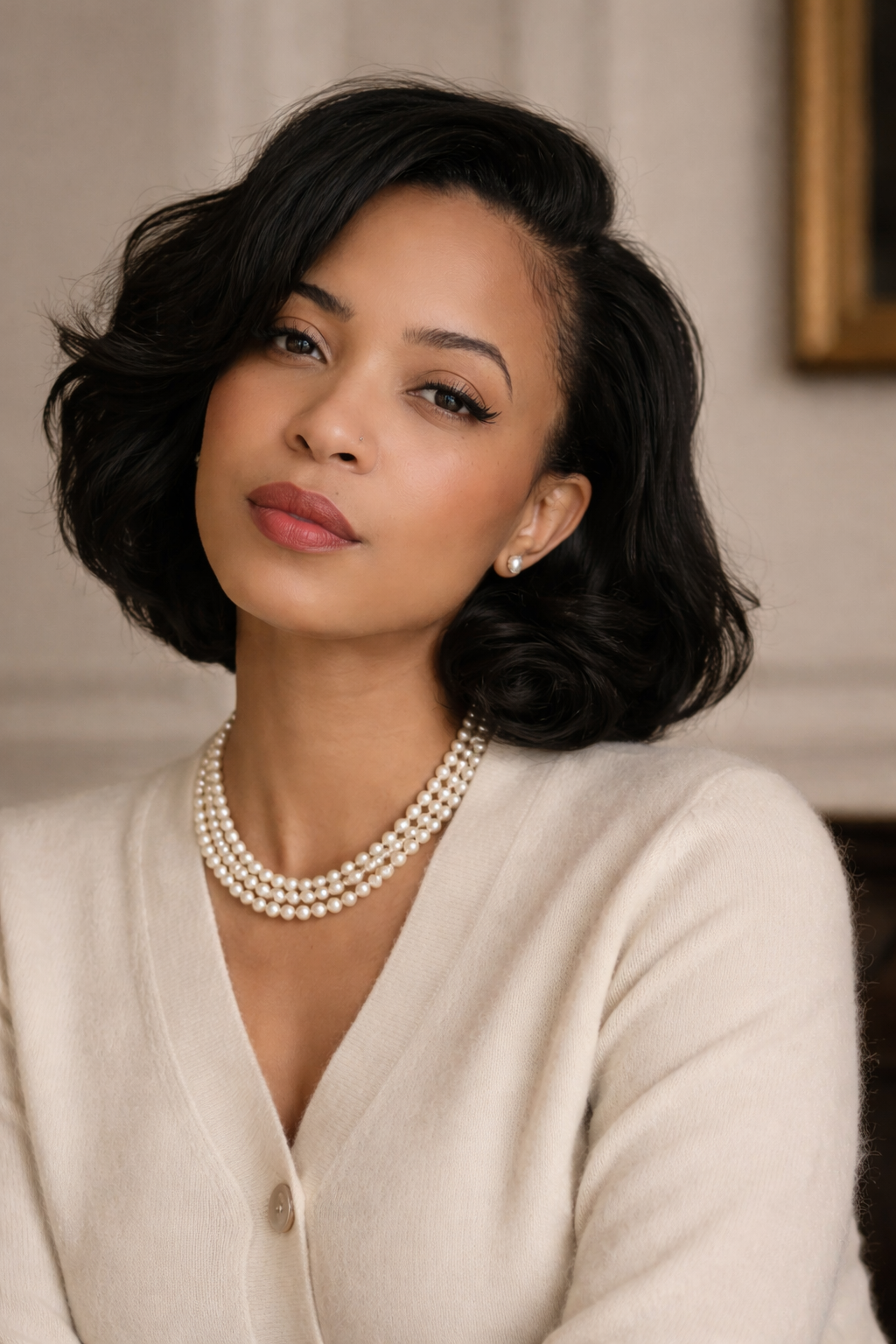 A woman with short, wavy black hair, wearing pearl jewelry, makeup, a beige cardigan, and standing indoors.