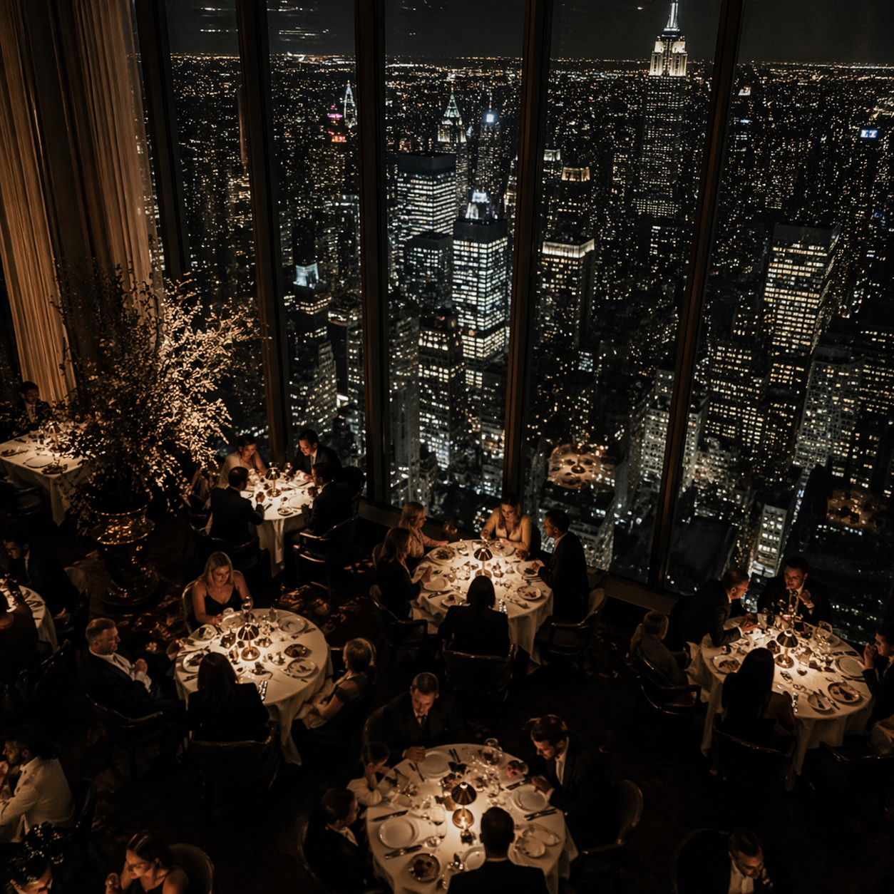 An elegant nighttime dinner scene in a skyscraper restaurant with large glass windows showing a city skyline filled with lit tall buildings and bright city lights.