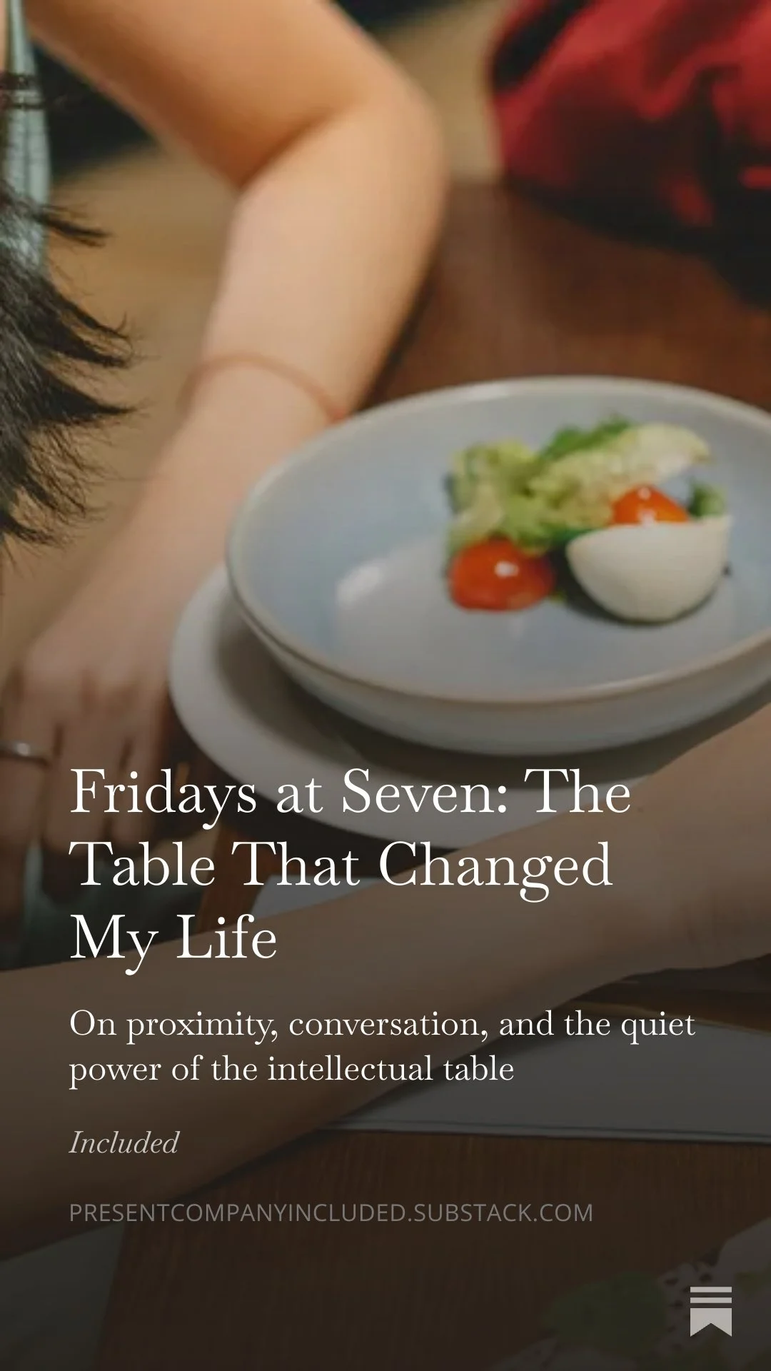 Person holding a plate with chopped salad, cherry tomatoes, and a halved hard-boiled egg. The image is part of a book cover titled 'Fridays at Seven: The Table That Changed My Life'.