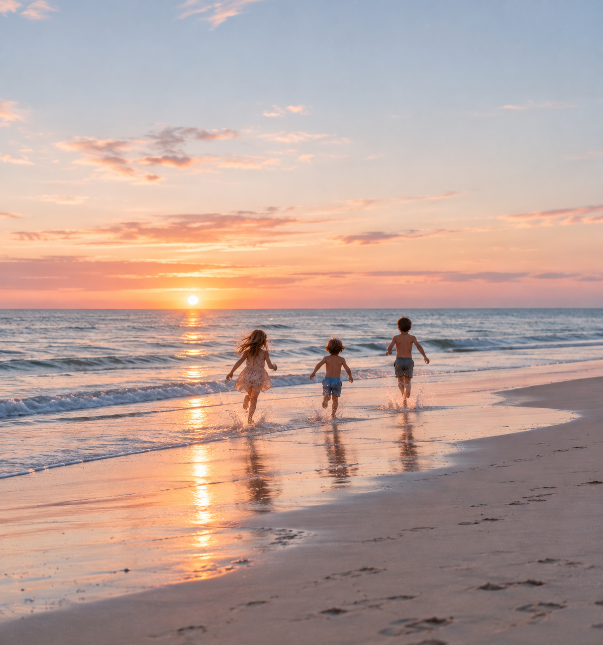 Children Running Along a Sunset Shoreline.png