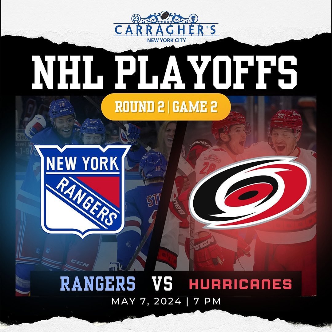 🏒❄️ Gear up for Game 2 between the Rangers and Hurricanes in the NHL Playoffs! 
Don&rsquo;t miss a second of this thrilling match-up! 
Who you got?? 🔮 
#NHLPredictions #NYR&nbsp; #LetsGoRANGERS #Rangers #NYRangers #Rangershockey #NYC #NYCBar #sport