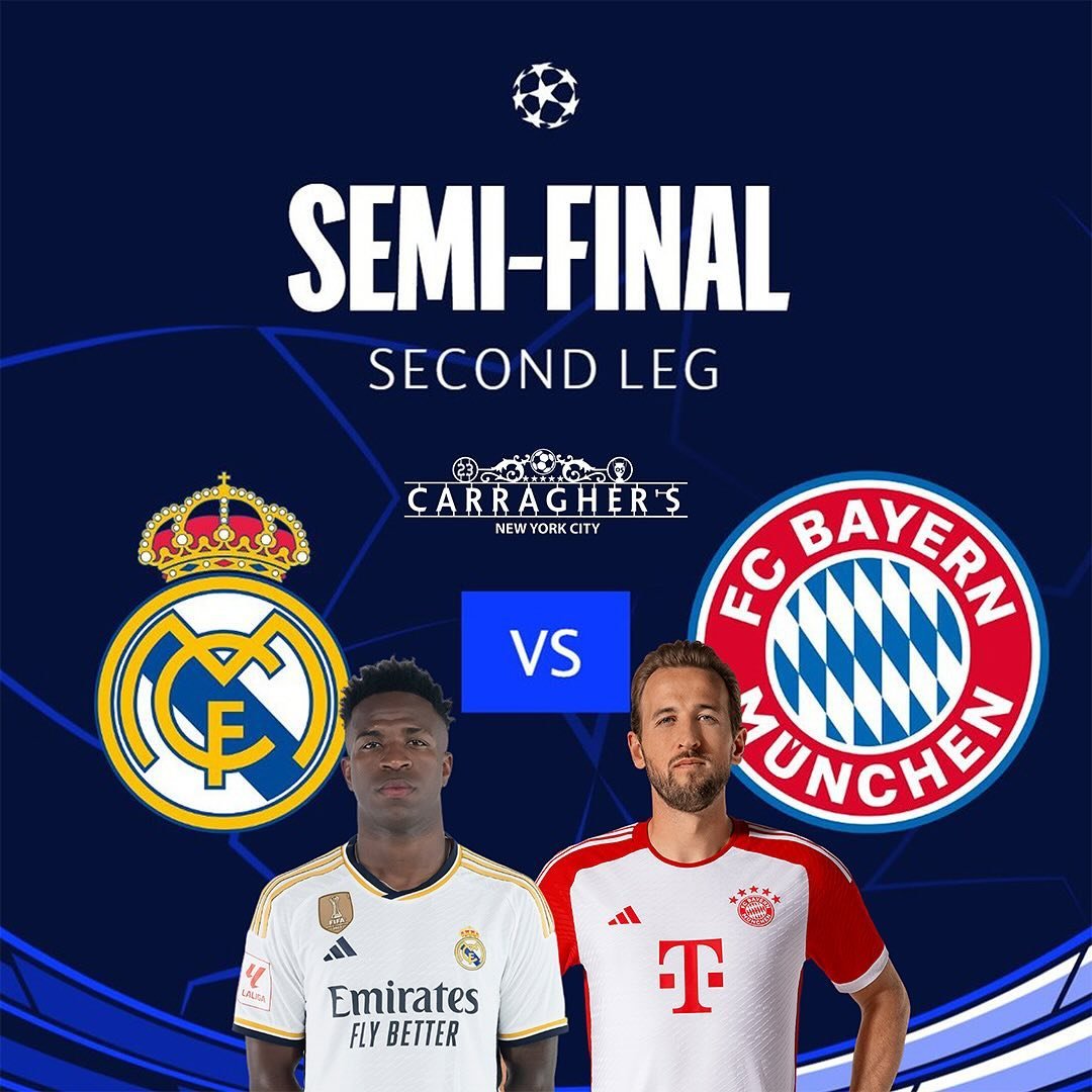 ⌛️ A #UCLfinal spot is up for grabs in Madrid..
⚽️ #RealMadrid v #Bayern 
🏆#UCL Semi-Final 
🕰️ 3:00 PM ET
📍17 John Street NYC
🍺 #CarraghersBar 
❓Who&rsquo;s going to Wembley?
.
#championsleague #uefa #lachampions #nyc