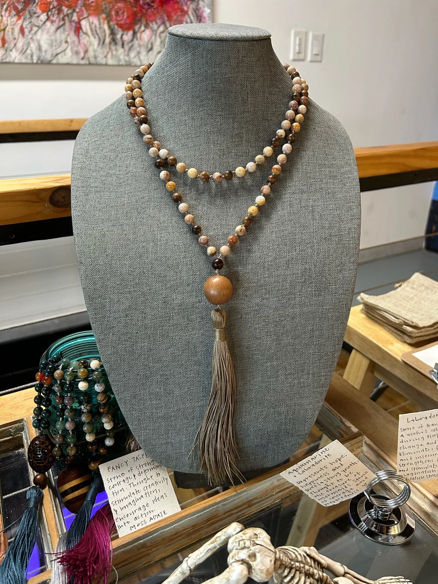 Fancy Jasper Mala (Round amulet, lavender tassel)