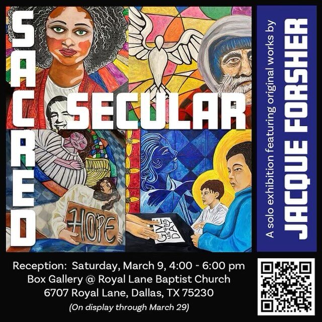 Very excited for Art on Main artist and @slantartistcollective member Jacque Forsher @jforsher for the opening of her amazing exhibition , Sacred Secular at the Box Gallery at Royal Lane Baptist Church. 

Stop by tomorrow (Saturday) between 4-6 pm fo