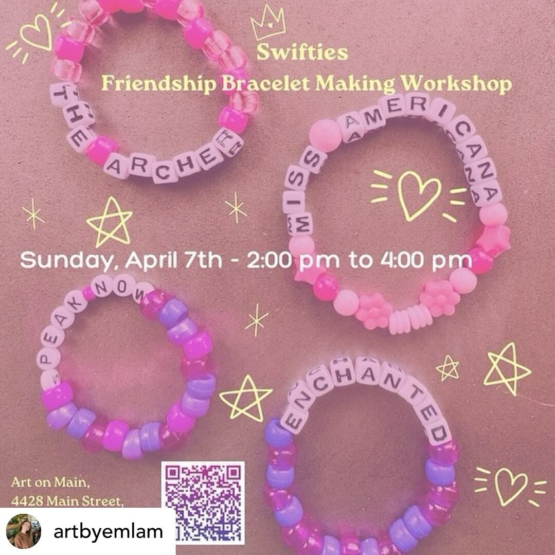 Posted @withregram &bull; @artbyemlam Calling all Swifties! I&rsquo;m hosting a Taylor Swift themed friendship bracelet making workshop🫶

Join us for an afternoon of making friendship bracelets that never go out of style🩵. Solidify your Swiftie rep
