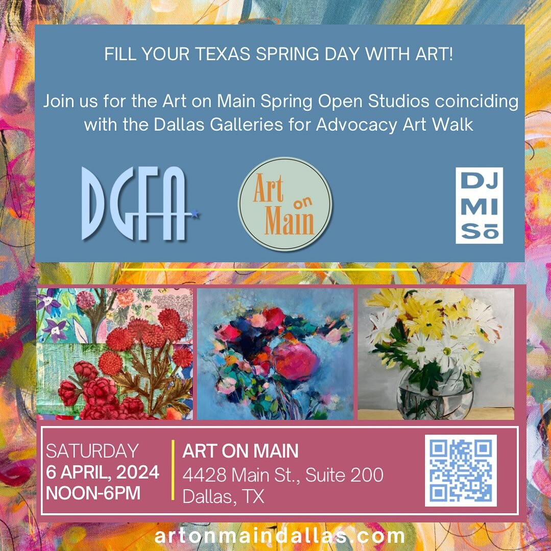 Join us for our Open Studios during the Dallas Galleries for Advocacy (DGFA) Art Walk, Saturday, April 6th from noon to 6pm!

Meet our artists, visit their studios, enjoy their beautiful art and take in our magical gallery space filled with art by lo