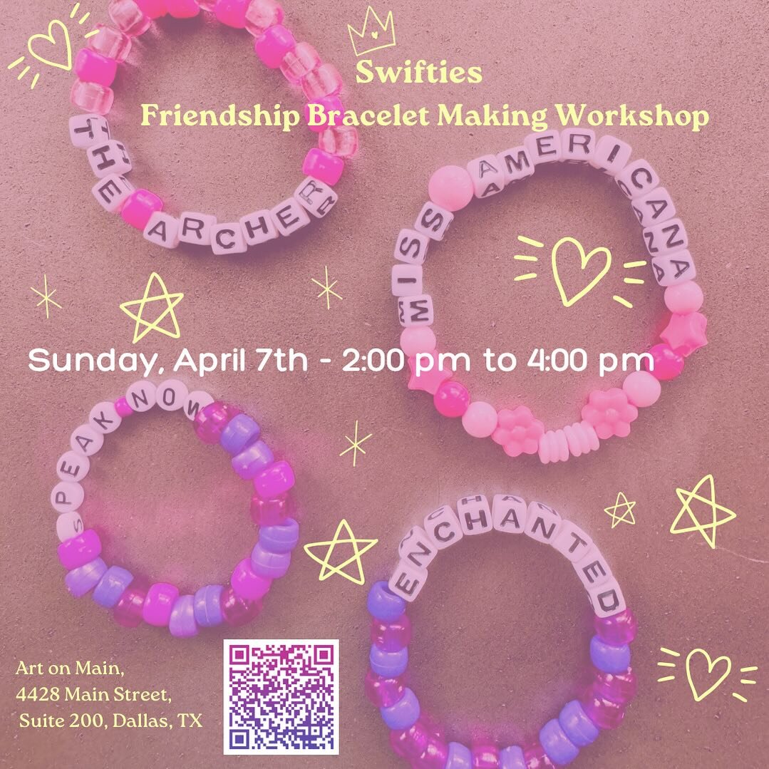 Come for the bracelets, stay for the trivia, music and snacks! Calling all Swifties! Join us for a Taylor Swift Friendship Bracelet Making Workshop &amp; Fundraiser!
Led by &Eacute;milie Lamarsaude, Art on Main Gallery Artist and devoted Swiftie!
Joi