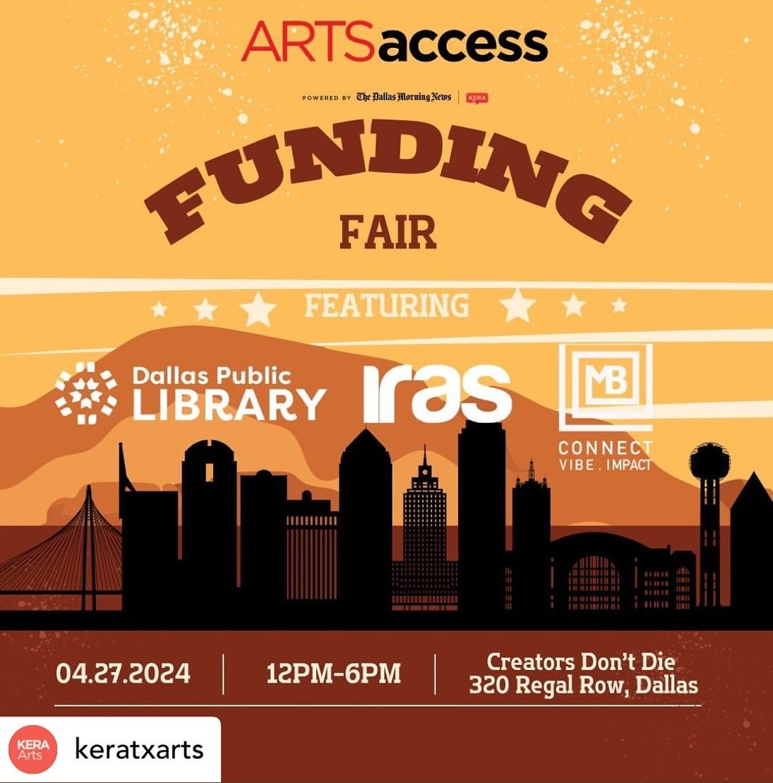 Posted @withregram &bull; @keratxarts Calling all North Texas creatives! 📢

Are you struggling to find funding for your projects? 🤔  Want to learn more about how to support the business side of your creativity?

The Arts Access Funding Fair is here