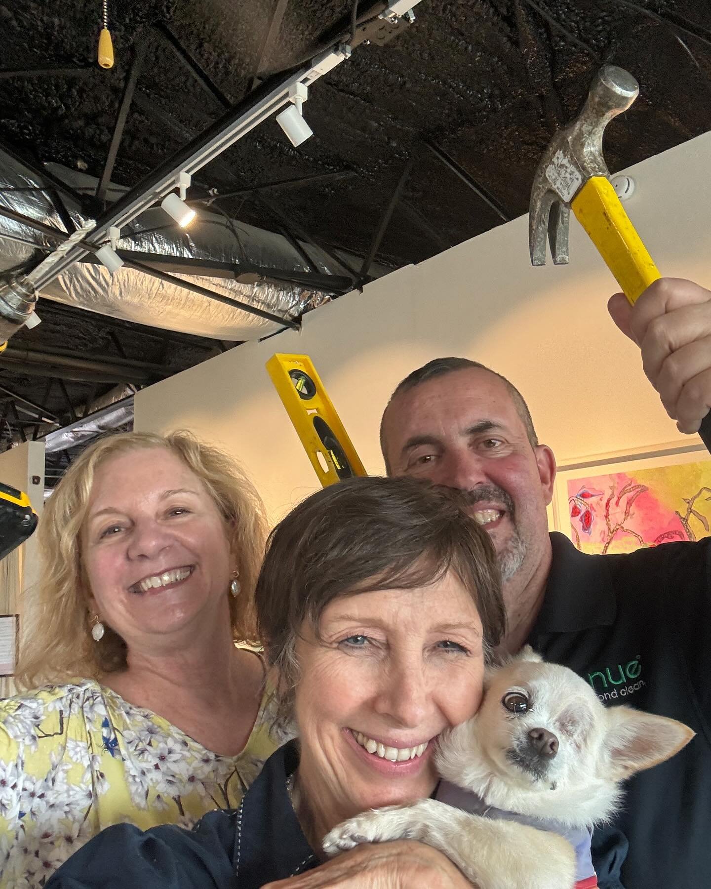 Install team for the Women in Art A Joyful Journey Exhibition is hard at work! This show is going to be EPIC! @cblamar @katherinebaronetartistdallas @andrealamarsaude and of course, Cooper! See you Saturday night for the opening!