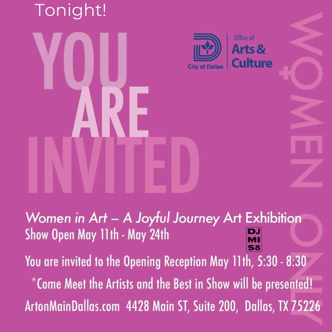 The Joyful Journey begins, tonight! 42 women artists | 47 spectacular original works of art! Curated by @katherinebaronetartistdallas presented by @andrealamarsaude and @artonmaindallas and powered by @dallasculture Music for the evening curated by D