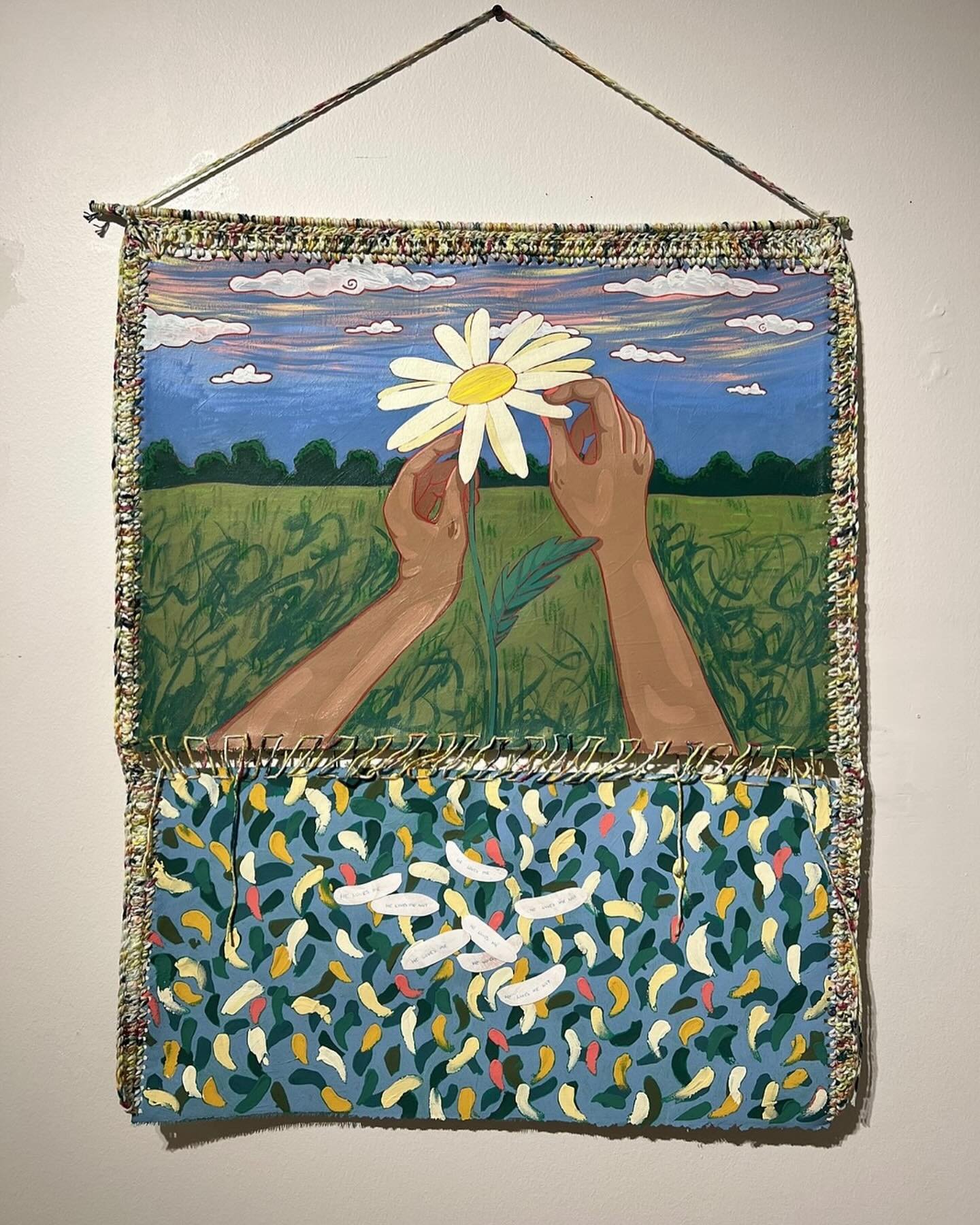 Spotlight on some of the beautiful works in our Women in Art | A Joyful Journey Exhibit.  Lauren Careese Alexander
&ldquo;The flowers would never lie to me&rdquo; - acrylic and yarn on canvas, 25x20in.
I think that one of the silliest and most precio