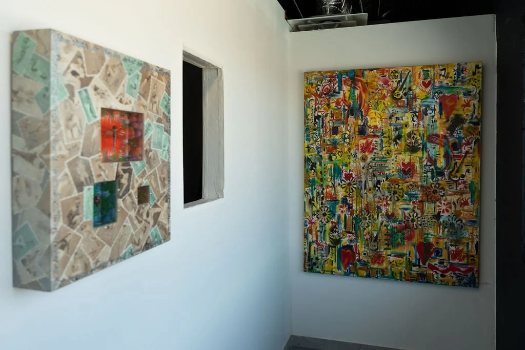 Work by Rita Barnard (left) and Jim Bilgere (right)
