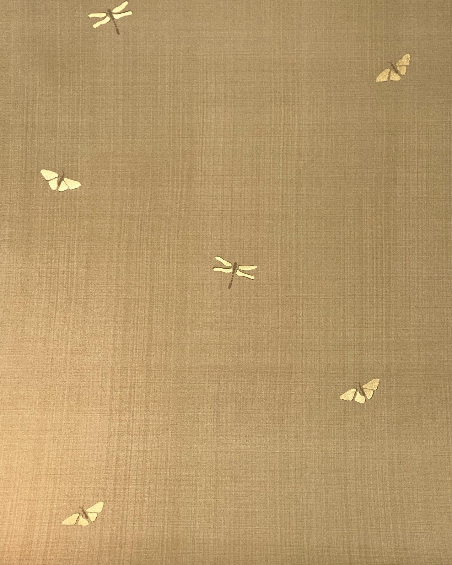 Custom Tatami featuring random Butterflies and Dragonflies with gilded wings.#luxurywallpaper #handpaintedwallpaper #customwallpaper