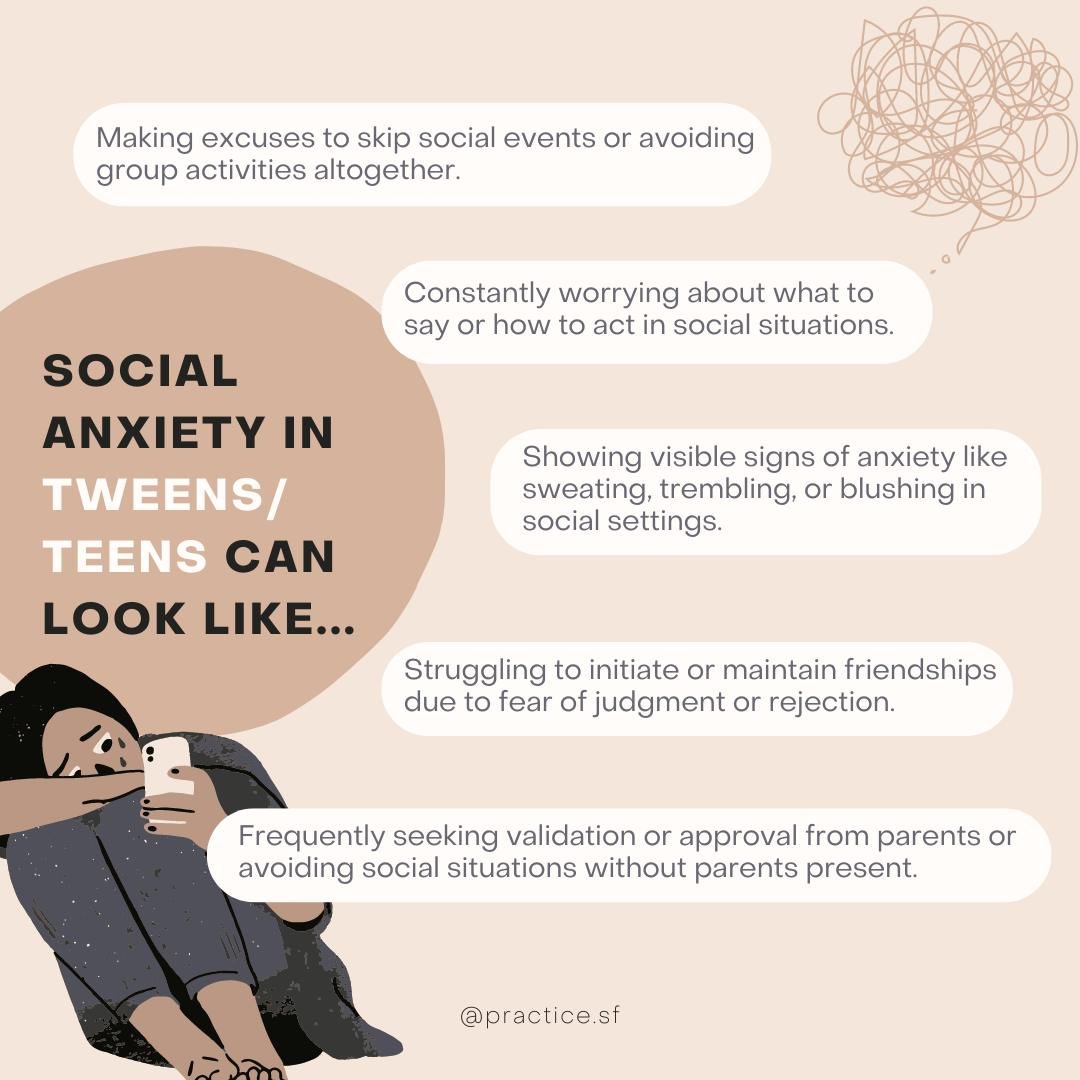 Many tweens/teens experience social anxiety. This can show up in a variety of ways, including avoiding social situations, feeling self-conscious in social settings, and/or experiencing physical symptoms such as sweating and shaking.😥

If your tween/