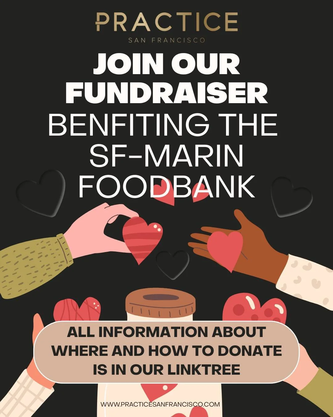 Practice SF's fundraiser to raise money and collect food donations for the SF-Marin Food Bank is still on! We will continue collecting food and funds until at least the end of this Month. 

If you want to donate food please drop off goods at : 
2910 