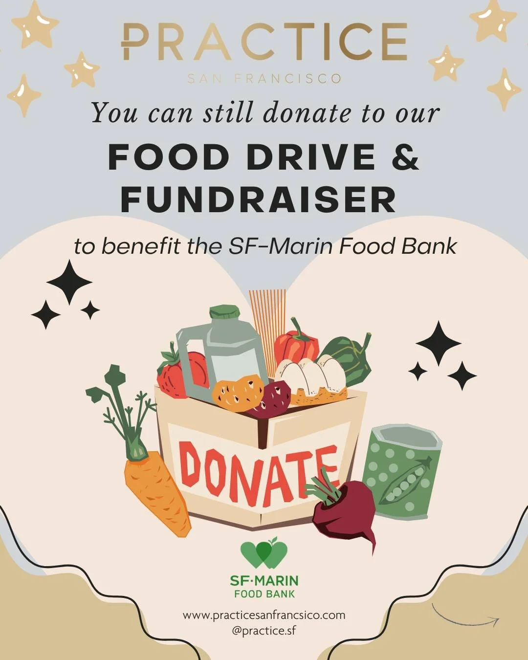 Practice SF's fundraiser to raise money and collect food donations for the SF-Marin Food Bank is still on! 

Food insecurity rises during November and the holidays due to :

Increased financial pressures from heating, electricity
Gifts and celebratio