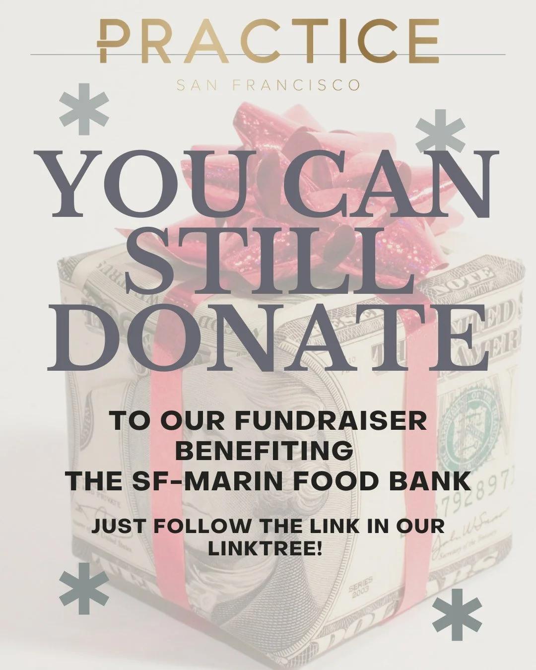 Giving Tuesday may be tomorrow, but you can still donate to Practice SF's fundraiser benefiting the SF-Marin Food Bank today! 

36,000 households in San Francisco and Marin turn to the SF-Marin Food Bank each  week for food assistance. Your support i