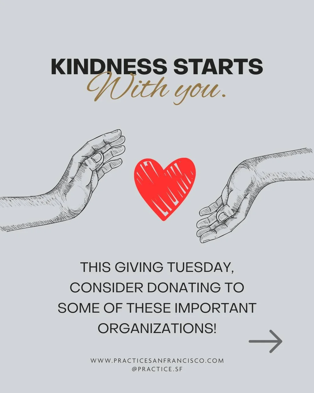 Tuesday, Dec. 2 is Giving Tuesday ! 

Join Practice SF in giving back, spreading kindness, and showing how together we can be a force for good.

We proudly support several local non-profits whose missions are close to our hearts and our minds, so if 