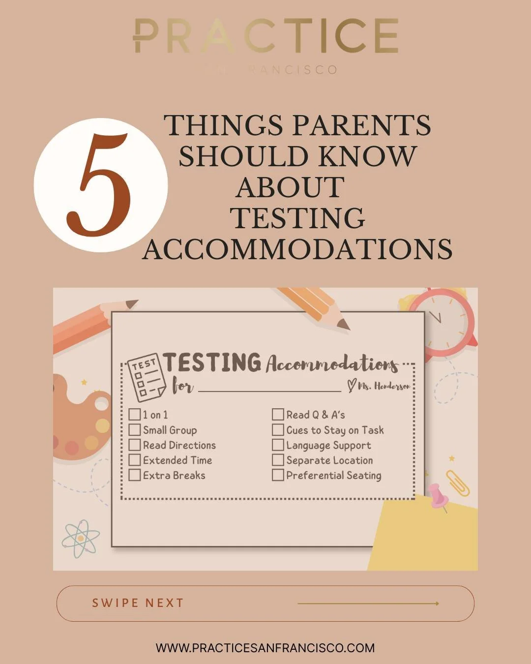 5 Things Parents Should Know about Testing Accommodations! 

Testing accommodations are practices and procedures implemented to mitigate or remove the impact of a student's disability on their test performance.

Here are 5 things all parents should k