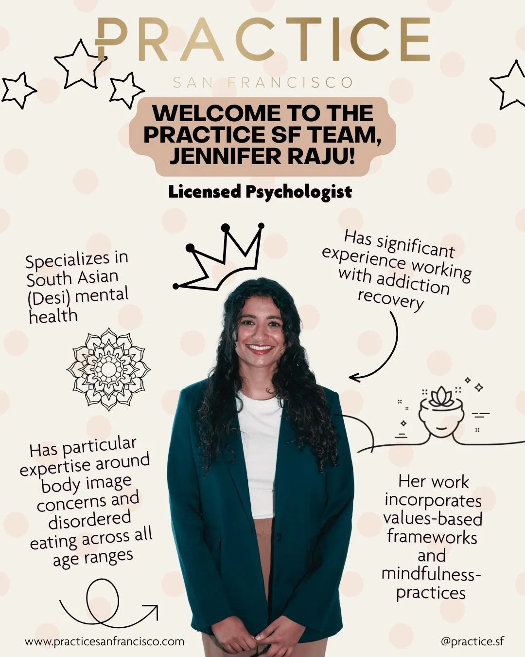 Welcome Jennifer Raju to the Practice San Francisco team! 

Jennifer is a licensed psychologist who works with children, teens, young adults, and adults navigating anxiety, depression, addiction recovery, and other mood-related concerns. 

Her clinic