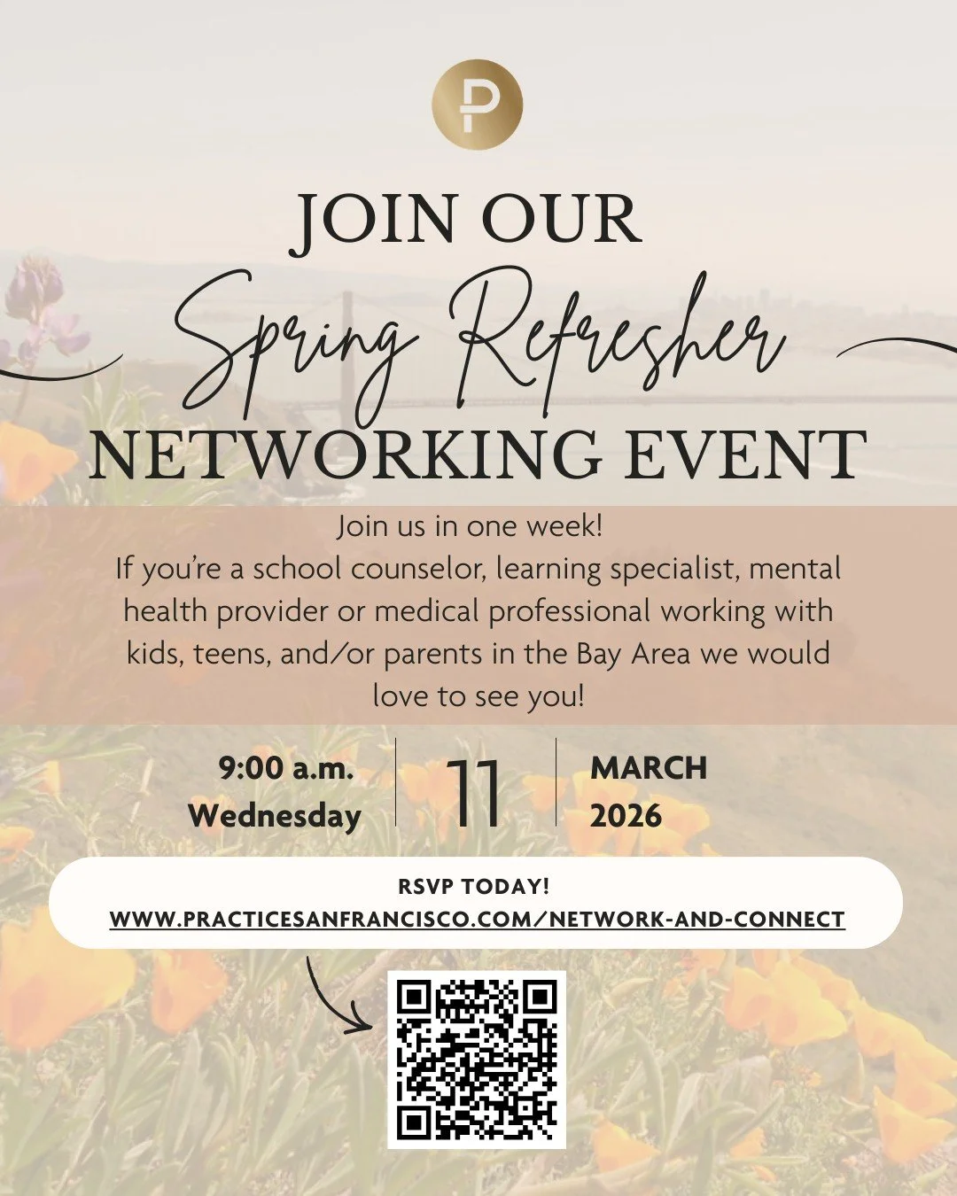 Don't miss it! Join us in one week for our Spring Networking Event - Wednesday, March 11!
register today via the qrcode, the link in our linktree or at www.practicesanfrancisco.com/network-and-connect 
If you're a school counselor, school learning sp