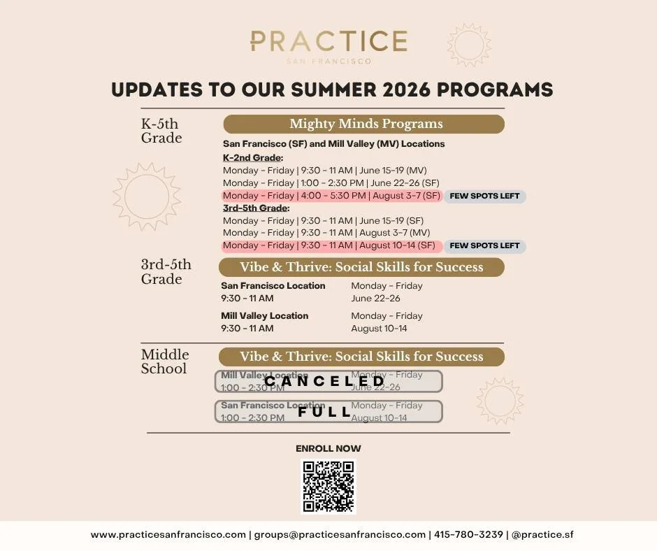 UPDATE on our Summer Group Program registrations! 
Our August Vibe &amp; Thrive: Social Skills group for Middle Schoolers in San Francisco is now full! If you are still interested in this group you can join our waitlist ☑️ ☑️
The June Vibe &amp; Thri
