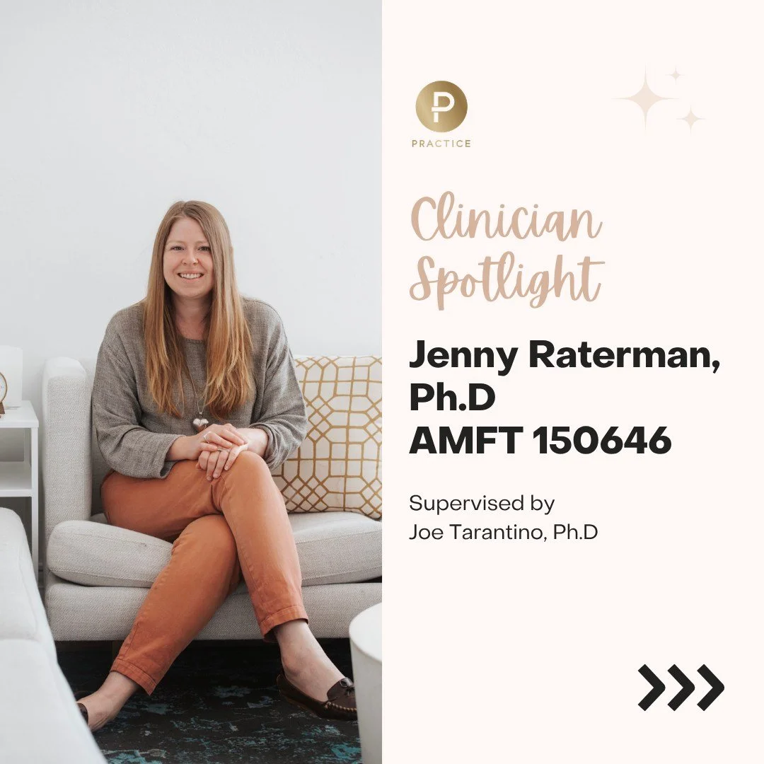 Clinician Spotlight: Jenny Raterman (AMFT #150646) 
Jenny (she/her) is an Associate Marriage and Family Therapist (AMFT #150646), and also holds a PhD in Comparative Literature. Jenny made a career transition after a decade of teaching high school, a