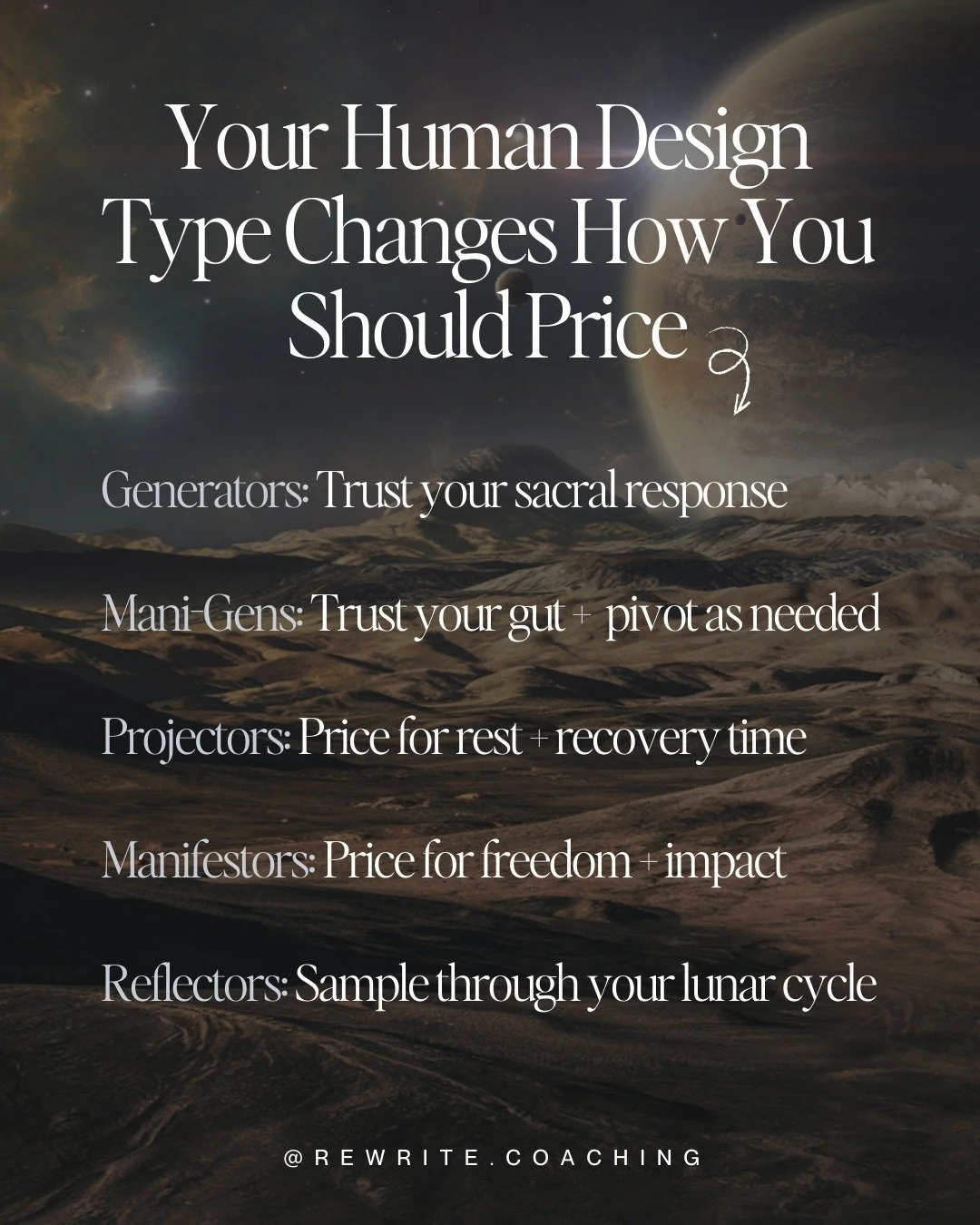 I used to think there was one "right" way to price my offers. Turns out, the right way for me as a Projector looks completely different than it does for a Generator or Manifestor.

GENERATORS and MANIFESTING GENERATORS, you have consistent 