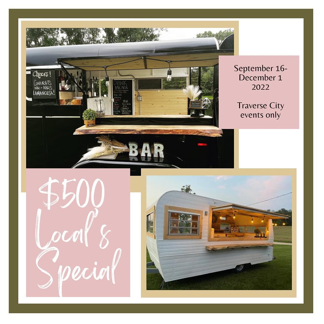 You know what a new bar means? Lots of OPEN AVAILABILITY! 🍾 Book your date now before we fill up! 

#mobilebar #localbusiness #localappreciation #traversecity #traversecitymichigan #traversecitywedding #northernmichiganweddings #destinationwedding #
