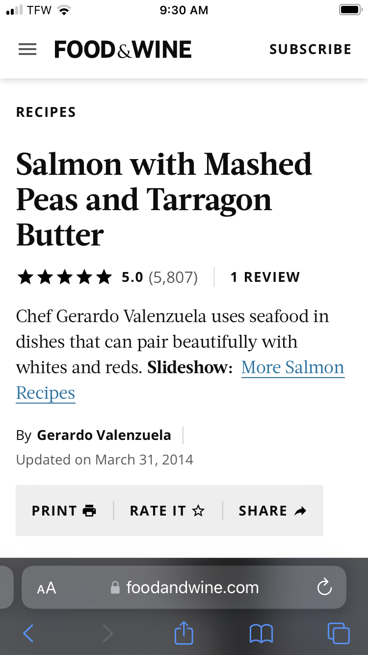 Food &amp; Wine Magazine Salmon with Mashed Peas and Tarragon Butter