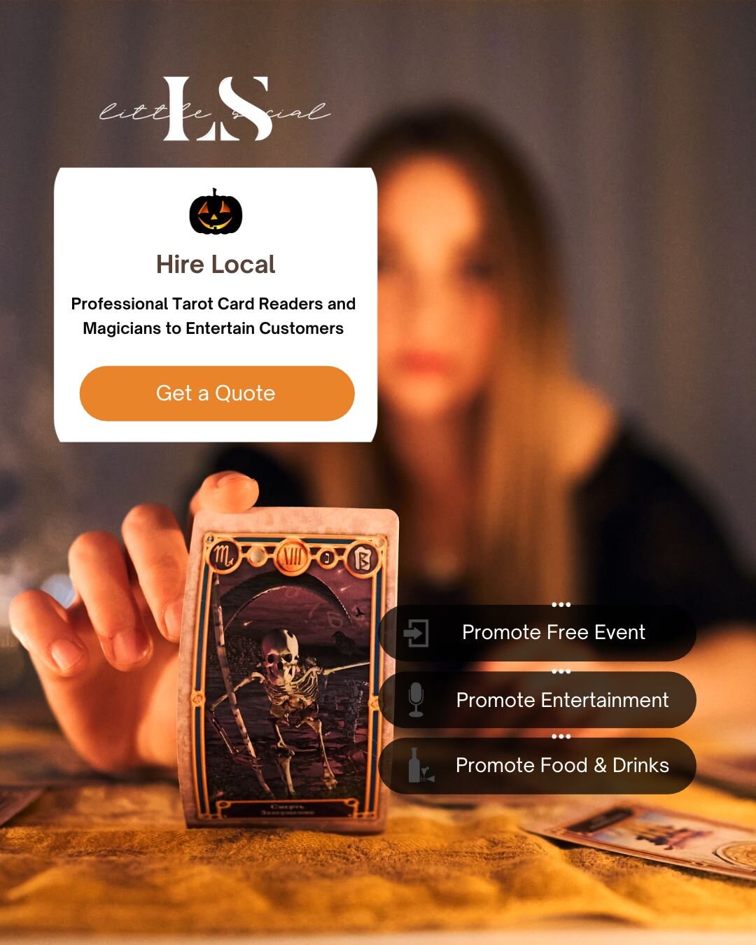 This Halloween hire a magician or fortune teller to wow your customers! Check out local pros who are experts at creating mystery and illusion. 🔮🧙&zwj;♀️
Don't forget to promote across all social channels! 
Let your customers know if your entertainm