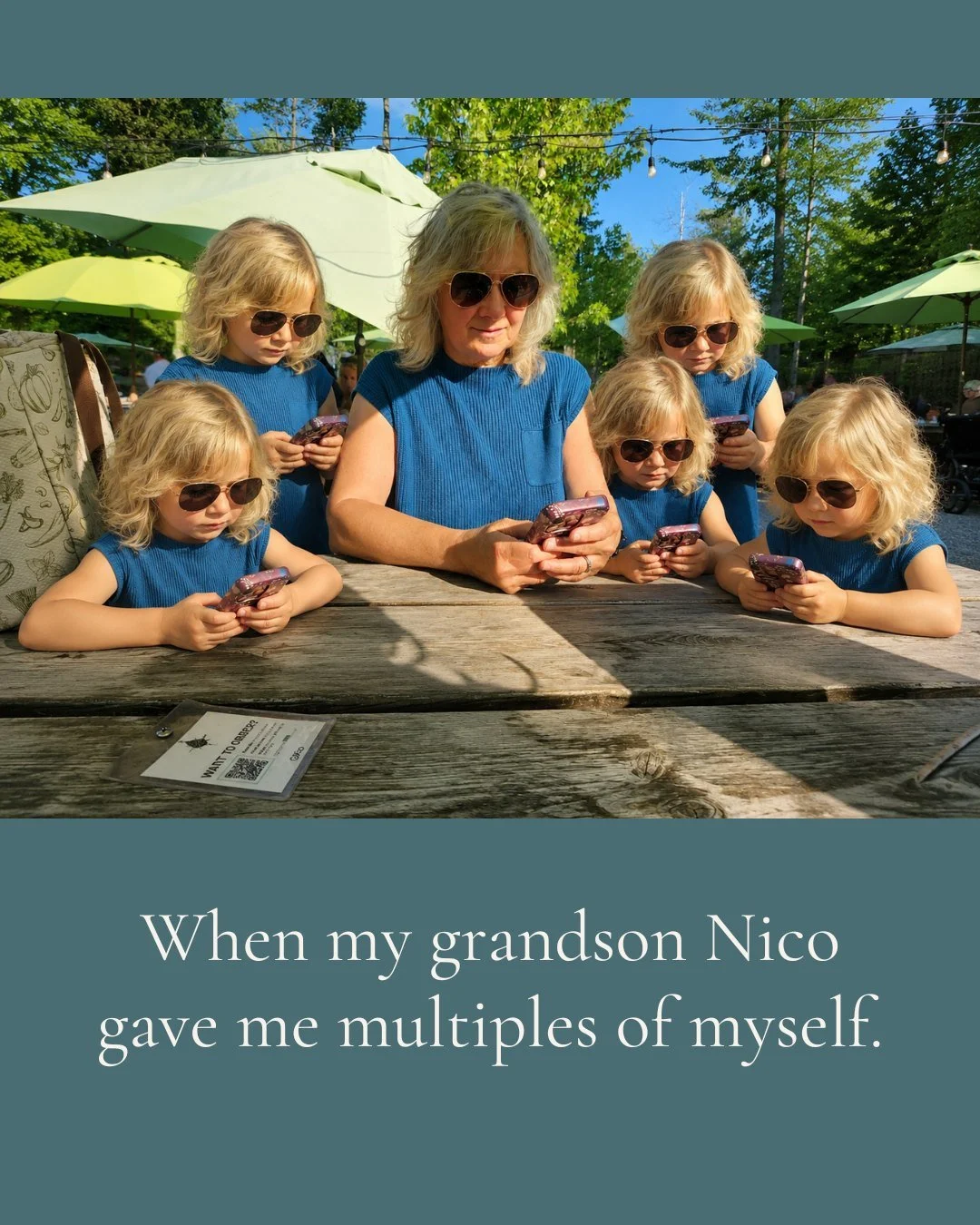My grandson Nico made this with AI, and I love it!

Some days I really do feel like I need five of myself. One to answer emails, one to write the book, one to teach yoga, one to fold the laundry, one to actually sit down and rest. Turns out even five