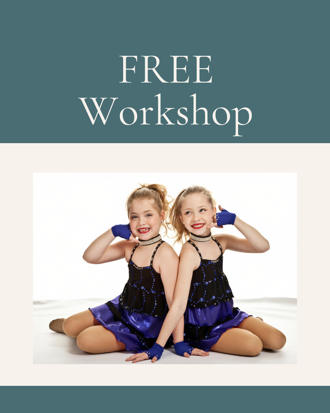 Two young girls in matching blue and black dance costumes sitting back-to-back and smiling, with one resting her hand on her head. They are wearing blue gloves and choker necklaces.