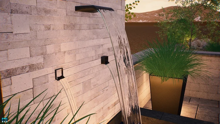 3D design rendering of a modern stone water wall with a metal spillway