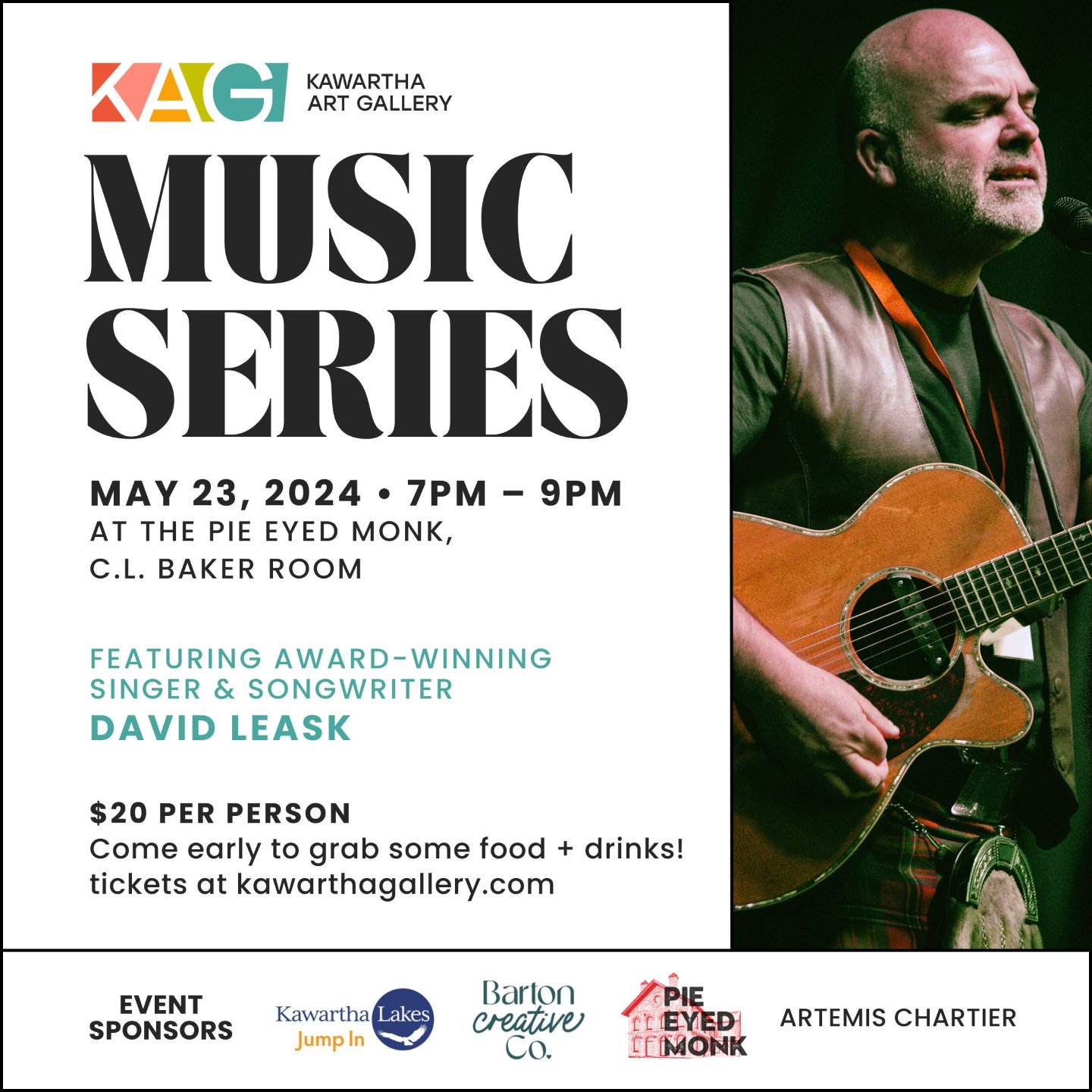 Join us for our second Kawartha Art Gallery Music Series on May 23 🎶

Join us inside the C. L. Baker Room at the Pie Eyed Monk for the Kawartha Art Gallery Music Series for an unforgettable evening with award-winning songwriter and captivating perfo