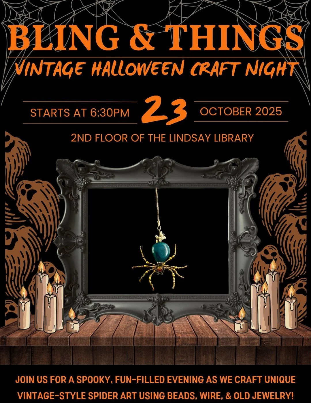 BLING &amp; THINGS: VINTAGE HALLOWEEN CRAFT NIGHT FOR ADULTS

Join us for a fabulously spooky evening of creativity as we craft vintage-inspired spider art using beads, wire, and old jewelry!
Thursday October 23, 2025, from 6:30 to 9:00pm at Kawartha