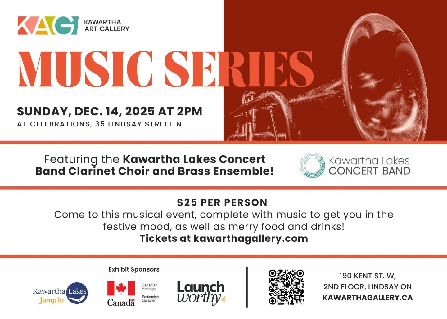 Join us at Celebrations Lindsay on December 14 at 2pm for a joyful afternoon of festive music presented by the Kawartha Art Gallery Music Series.

Featuring the brass ensemble and clarinet choir from the talented Kawartha Lakes Concert Band, this per