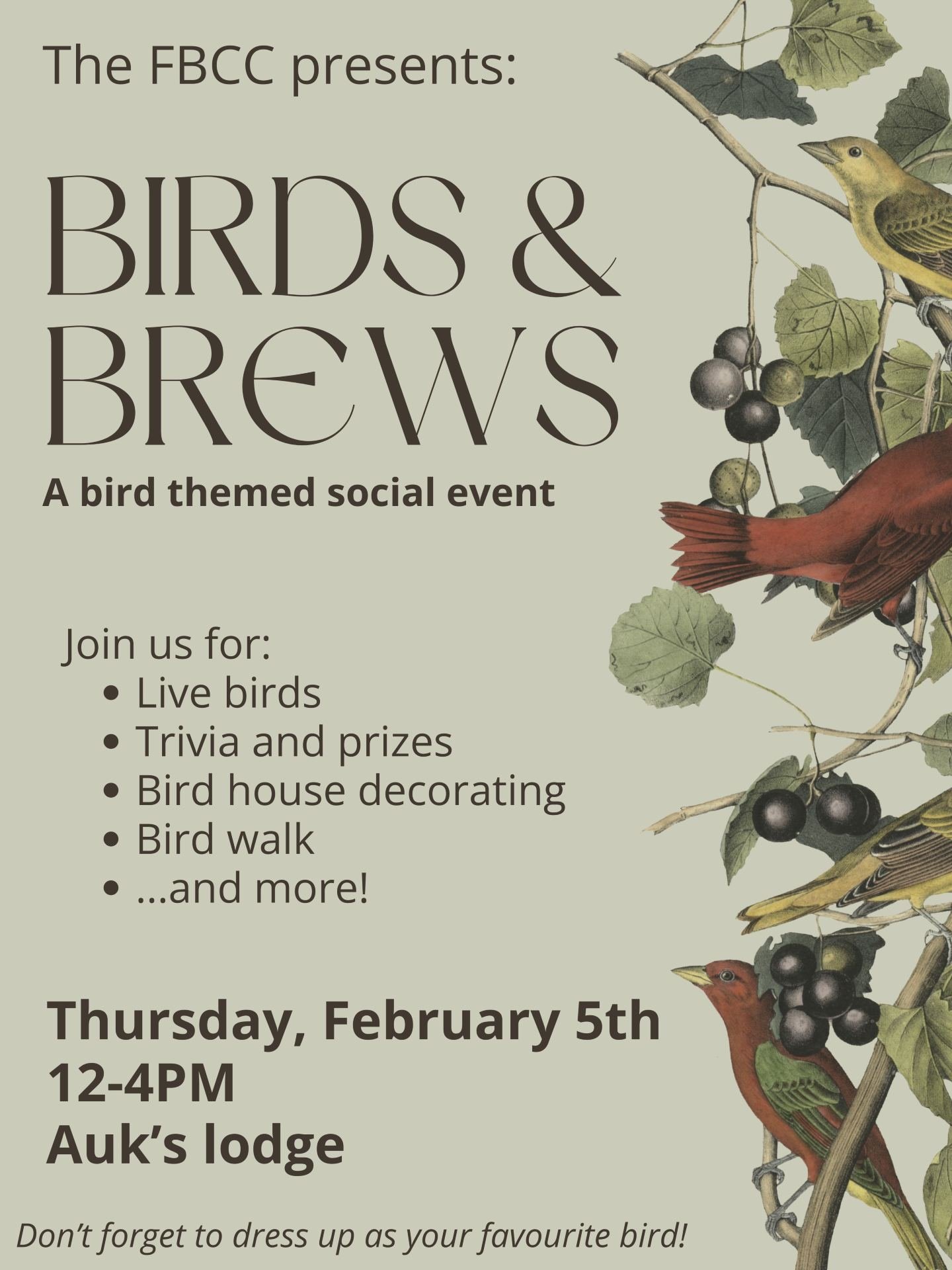 The FBCC presents: Birds &amp; Brews - A bird themed social event.

Join us for live birds, trivia and prizes, bird house decorating, bird walk and more.

Thursday, February 5th from 12 - 4pm at Auk's Lodge. 

Don't forget to dress up as your favouri