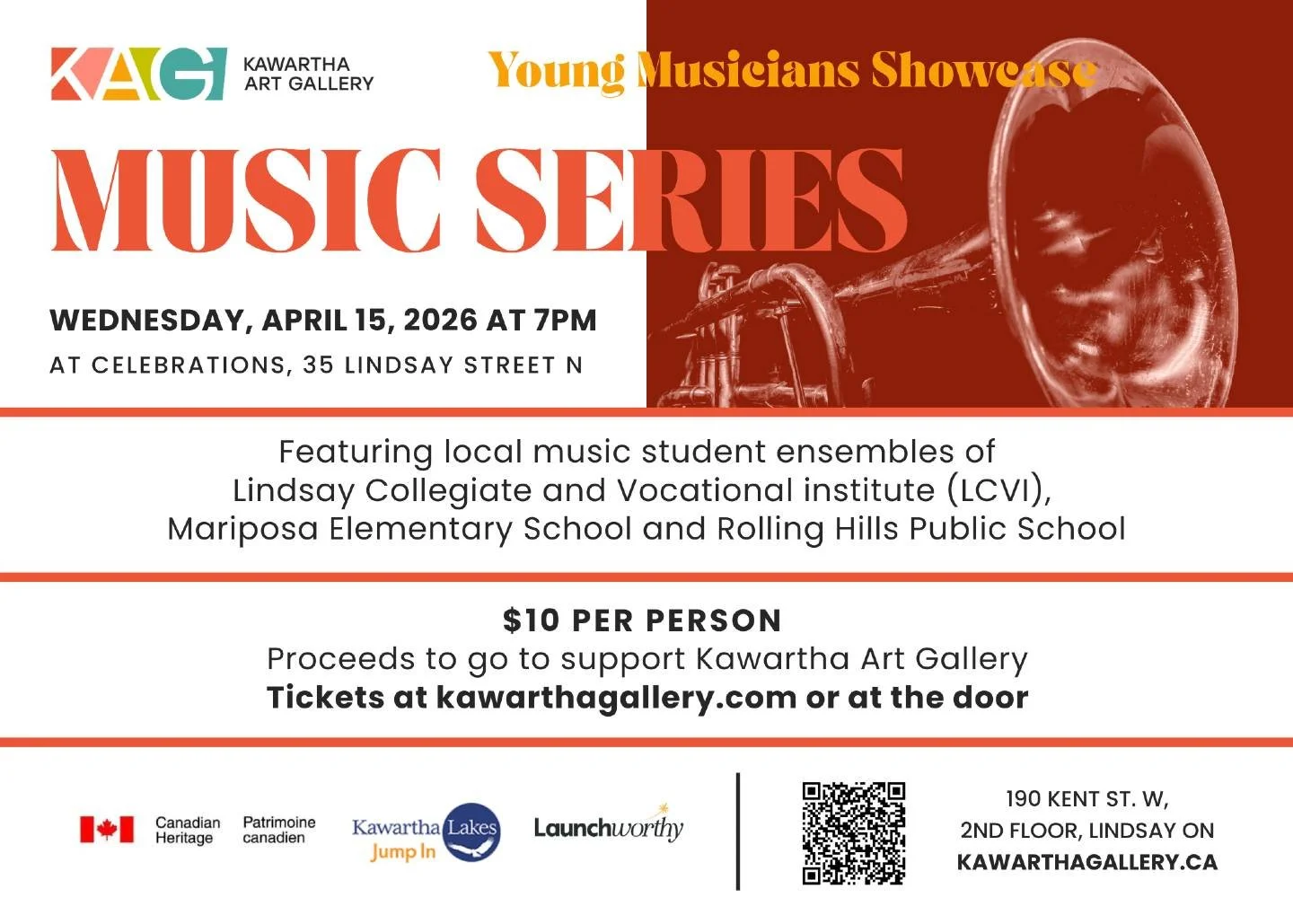 Celebrate the energy and creativity of young musicians at the Kawartha Art Gallery Music Series!

Join us at Celebrations Lindsay on Wednesday, April 15 at 7pm for an inspiring evening featuring student performers from Lindsay Collegiate and Vocation