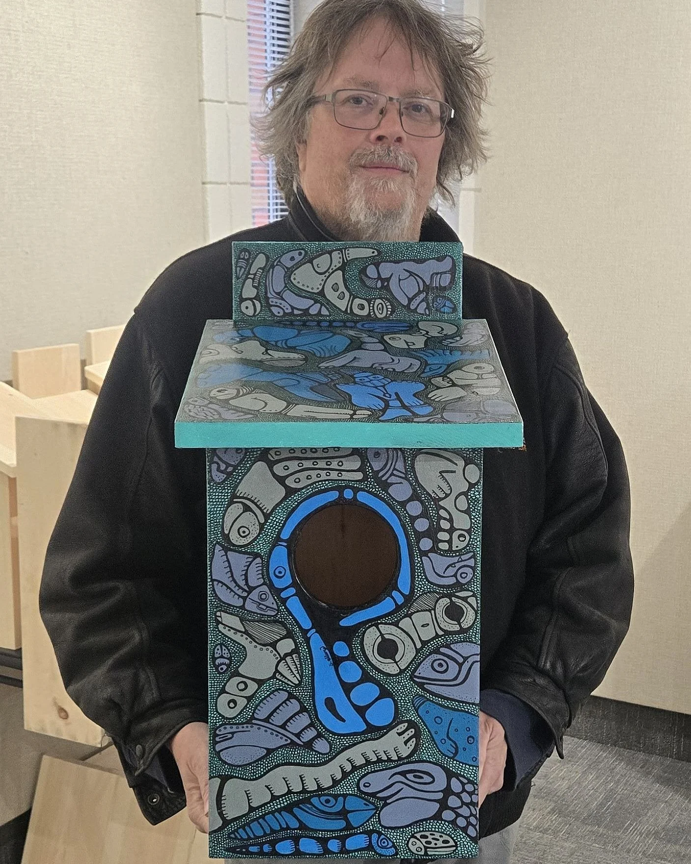 Stefan Ellery dropped by the Gallery today with his finished birdhouse for Perch &amp; Paint, and it&rsquo;s a beauty! 🐦🎨 

We love seeing these creative birdhouses come to life as part of this fundraiser.

⏰ Reminder: The deadline is fast approach