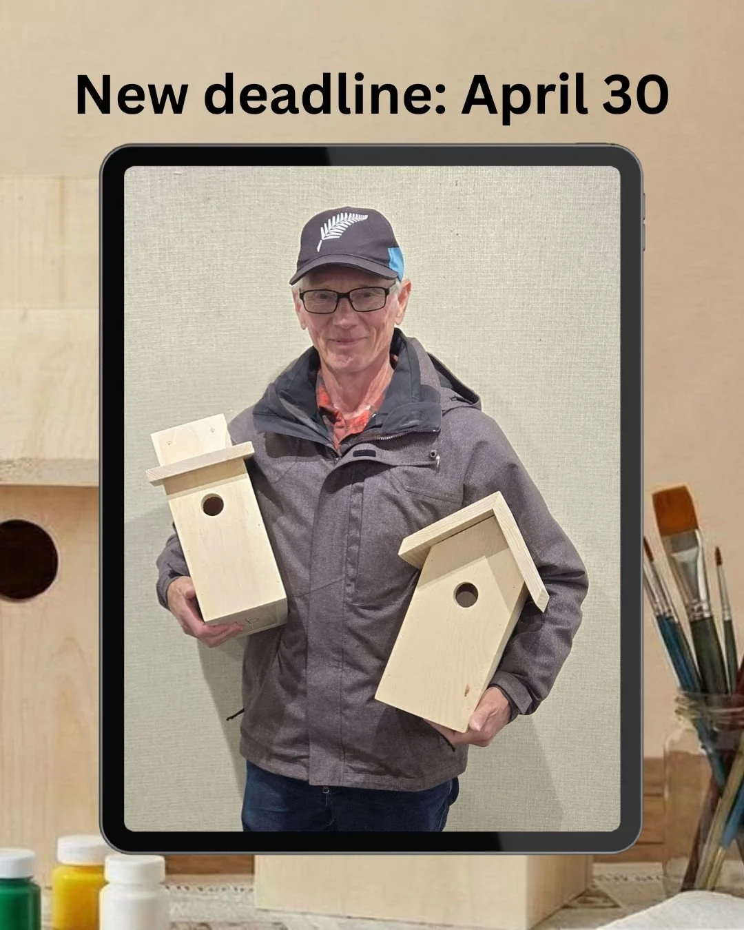 📢New deadline for PERCH &amp; PAINT! Submissions due April 30, 2026! 📢

📸 Andrew Rafton from the Lindsay Optimist Club @optimistlindsay shows off two of the many birdhouses ready to be painted for Perch &amp; Paint!

&ldquo;Small houses, big imagi