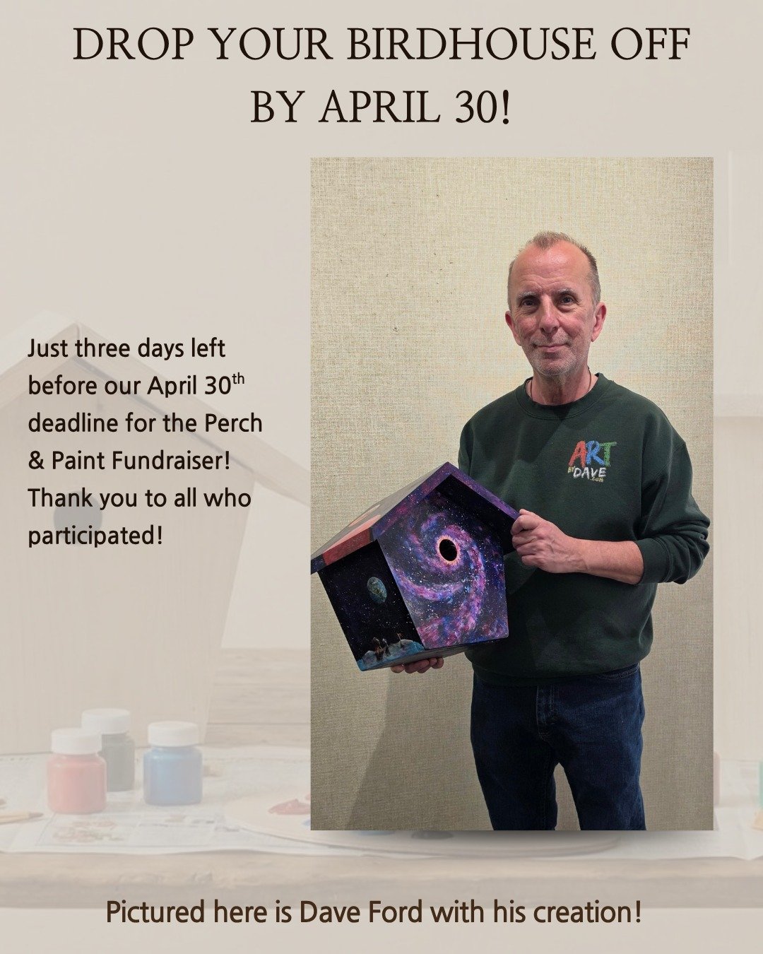 The deadline for Perch &amp; Paint is in three days! April 30!! 🐦✨

Thanks to all that participated! Stay tuned for details about the birdhouse auction!

Sponsored by the Lindsay Optimist Club and Lindsay Home Hardware Group.&rdquo; @lindsayhomehard