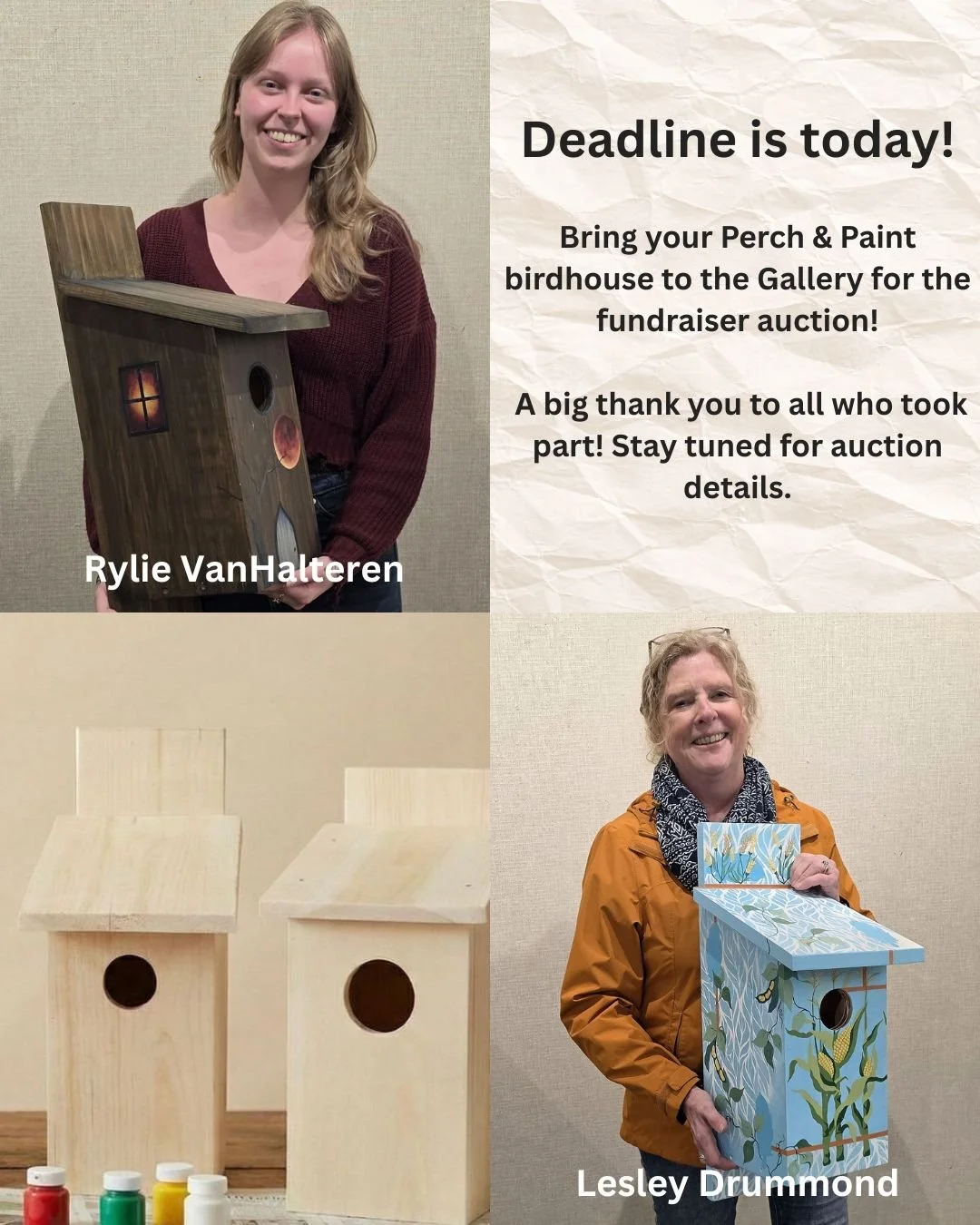 A huge thank you to everyone who has participated in our Perch &amp; Paint fundraiser!

We&rsquo;re so grateful for the creativity, support, and community spirit you&rsquo;ve shared with us. 🎨

A quick reminder that the submission deadline is today,