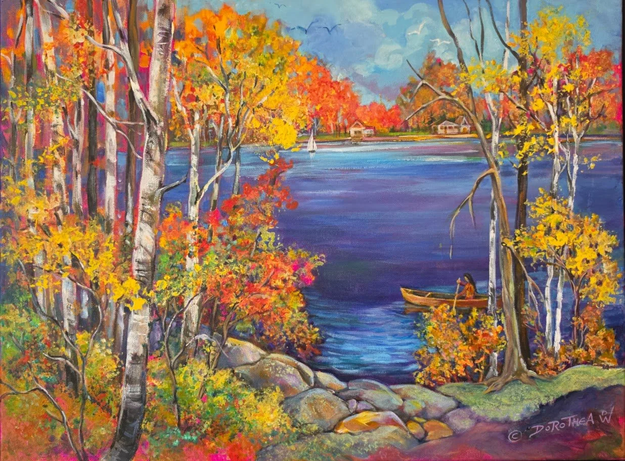  Title: August in the Kawarthas, Medium: Acrylic, Date: 2023, Notes: Woman canoeing in water 