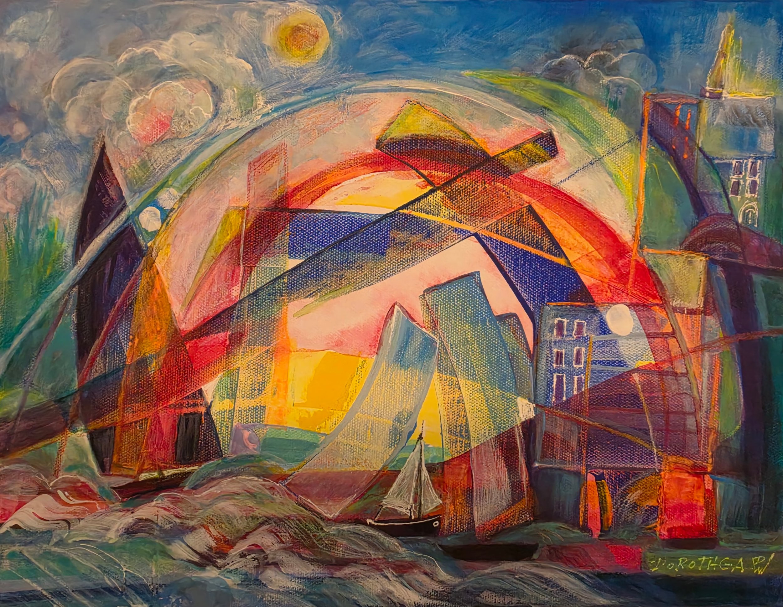  Title: Change In Perspective, Medium: Acrylic, Date: 2026, Notes: Boats with arches in the city (Abstract) 